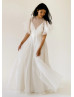 Flutter Sleeves Ivory Organza V Back Dreamy Wedding Dress